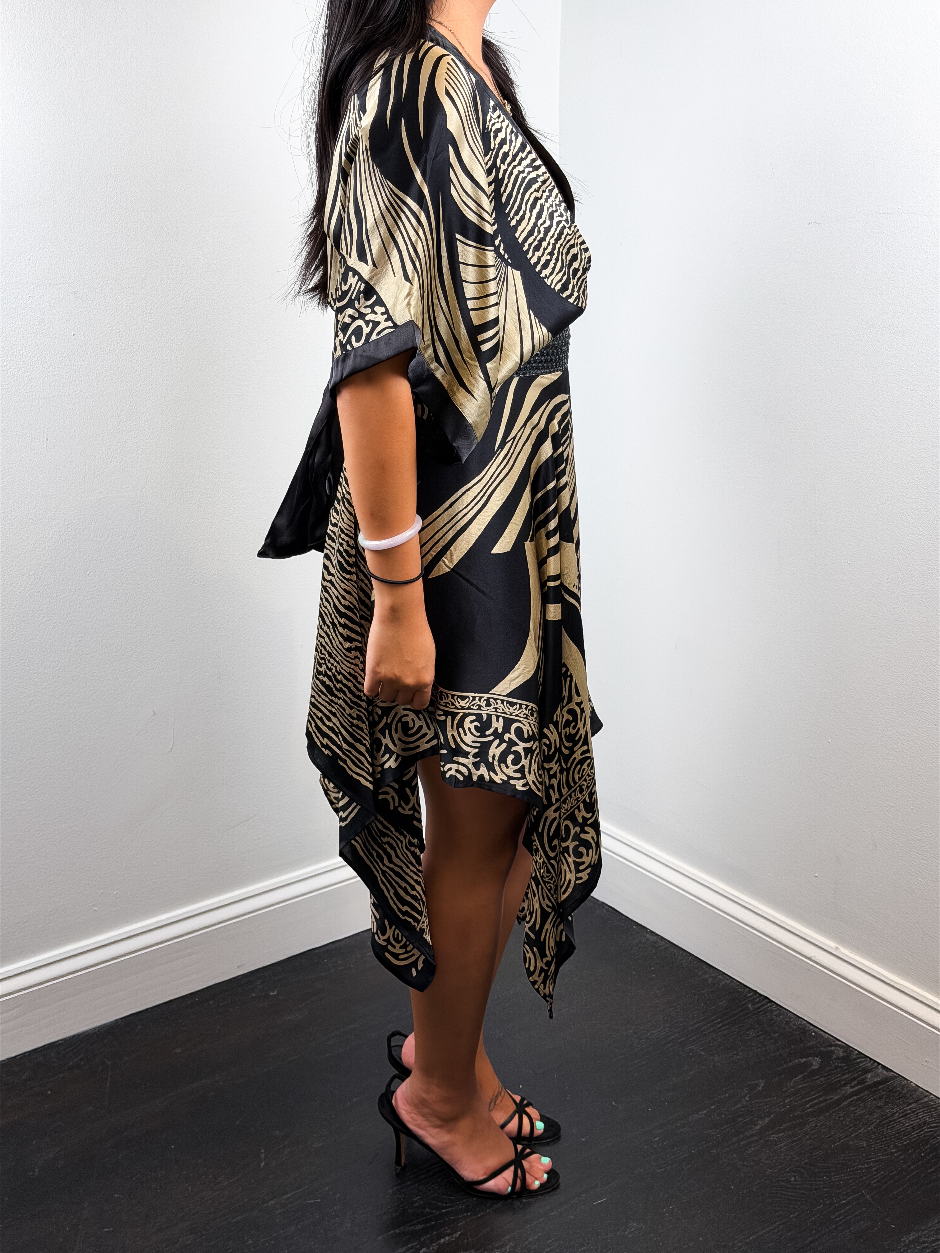 Derhy 2000s Black and Gold Palm Print Silk Kimono Sleeve Dress - S/M