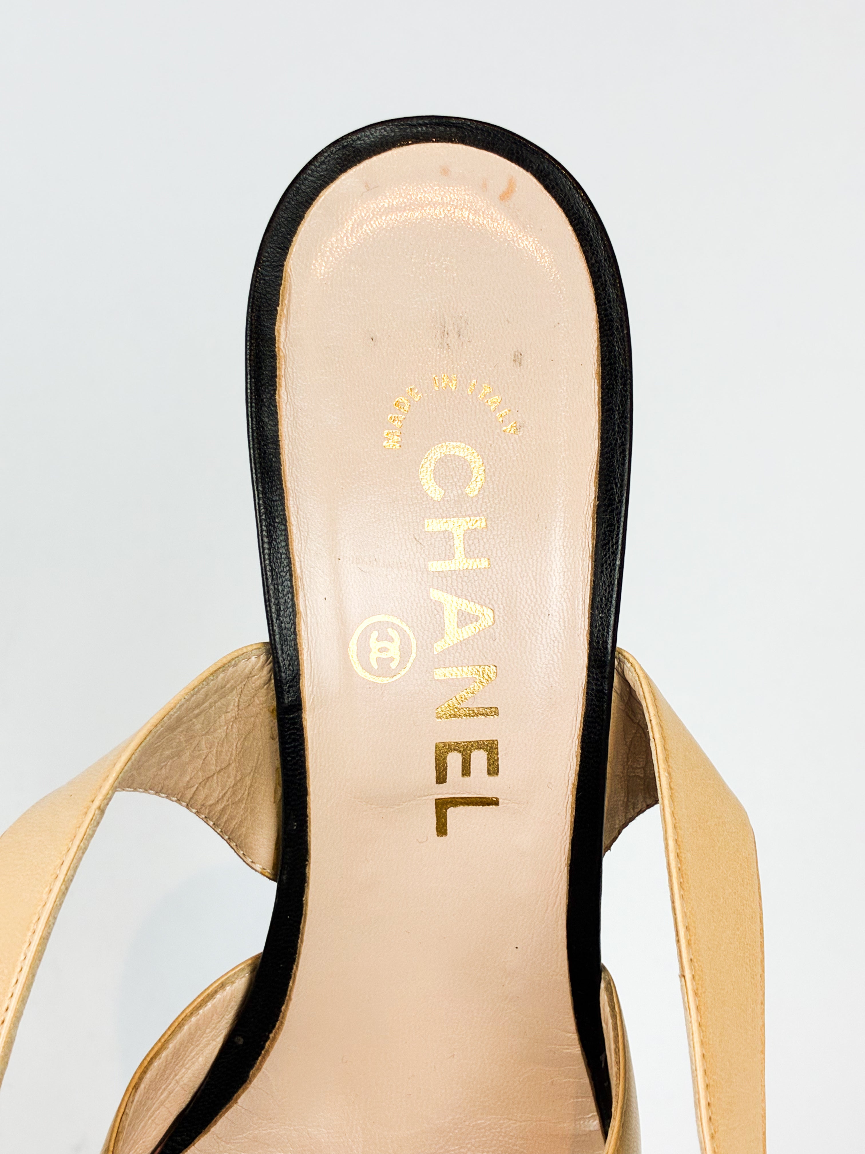 Chanel 2000s Beige and Black Cap Toe Slingback Heels - EU 38.5