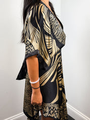 Derhy 2000s Black and Gold Palm Print Silk Kimono Sleeve Dress - S/M