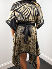 Derhy 2000s Black and Gold Palm Print Silk Kimono Sleeve Dress - S/M
