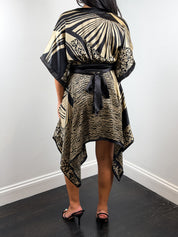 Derhy 2000s Black and Gold Palm Print Silk Kimono Sleeve Dress - S/M