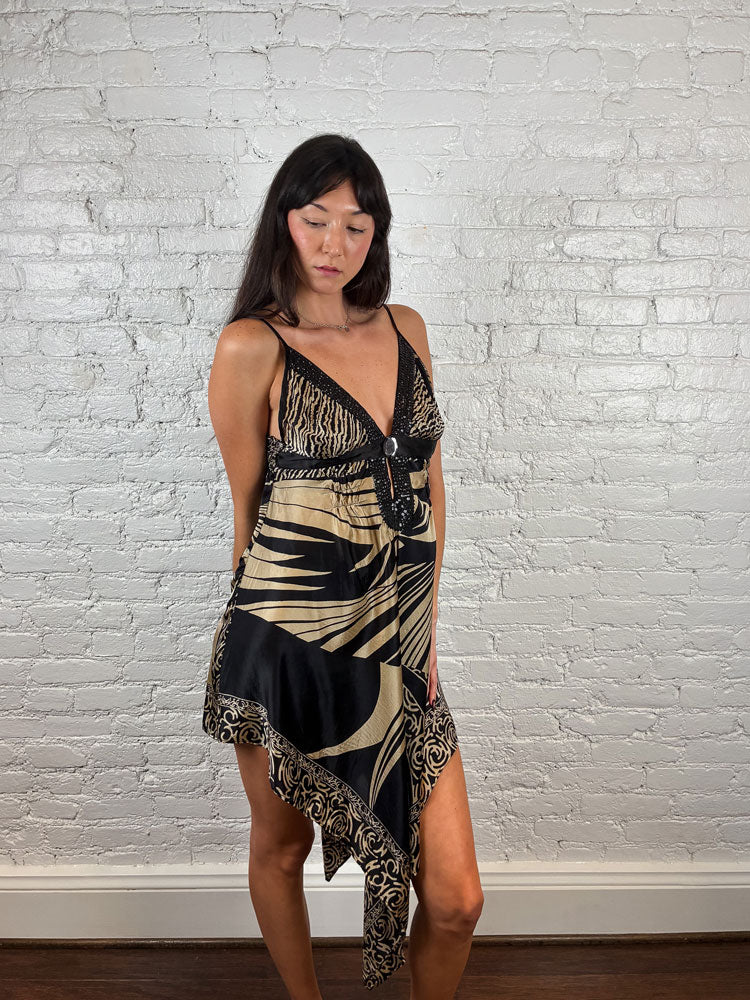 Derhy 2000s Black & Gold Silk Handkerchief Dress with Gem