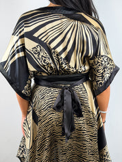 Derhy 2000s Black and Gold Palm Print Silk Kimono Sleeve Dress - S/M