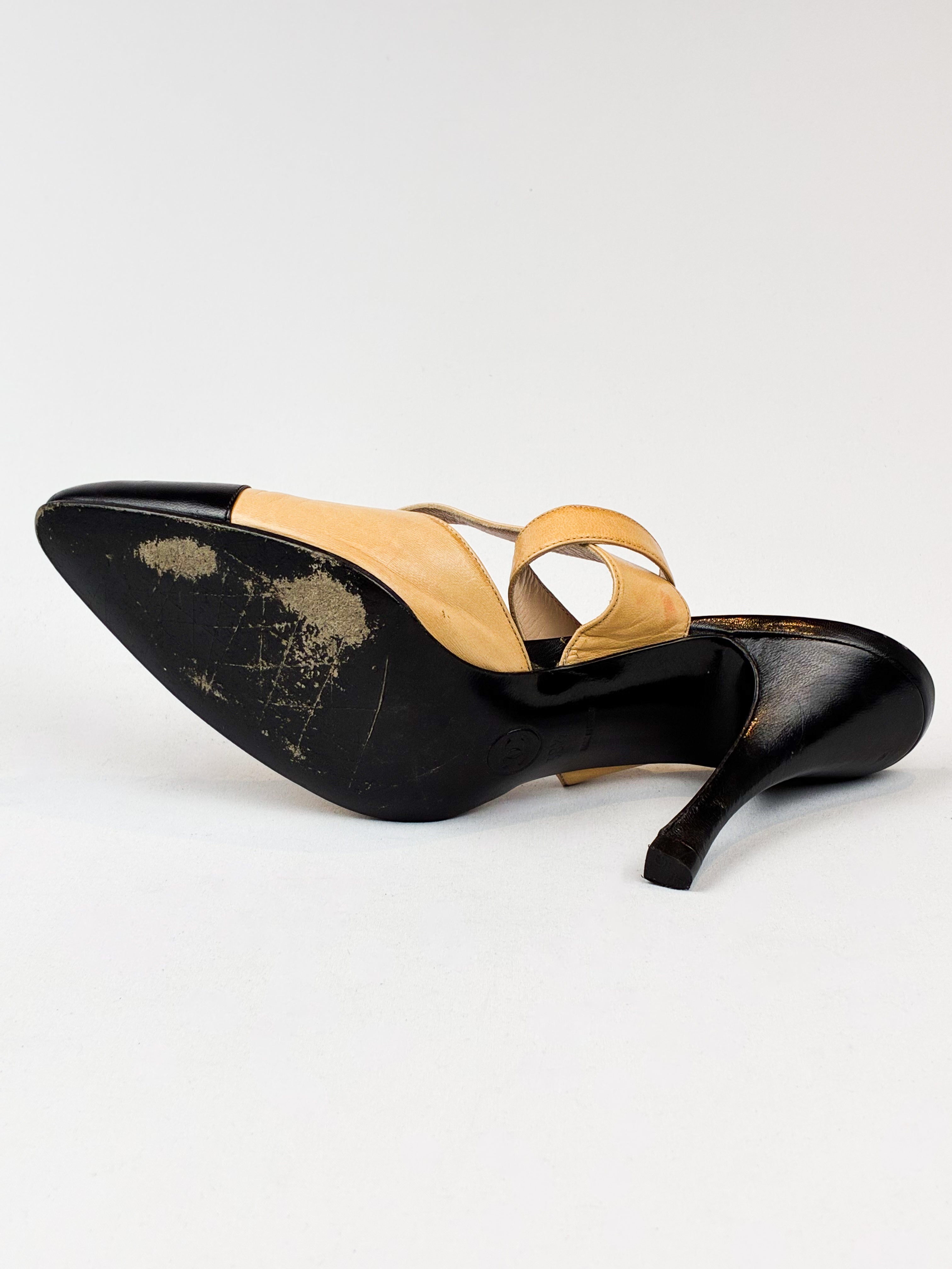 Chanel 2000s Beige and Black Cap Toe Slingback Heels - EU 38.5