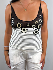 Gianfranco Ferré Jeans 2000s Sequin Flower Striped Mesh Tank - XS/S