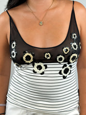 Gianfranco Ferré Jeans 2000s Sequin Flower Striped Mesh Tank - XS/S