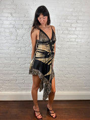 Derhy 2000s Black & Gold Silk Handkerchief Dress with Gem