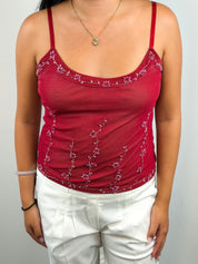Pinko 2000s Red Beaded Floral Mesh Camisole - S/M
