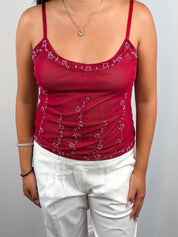 Pinko 2000s Red Beaded Floral Mesh Camisole - S/M