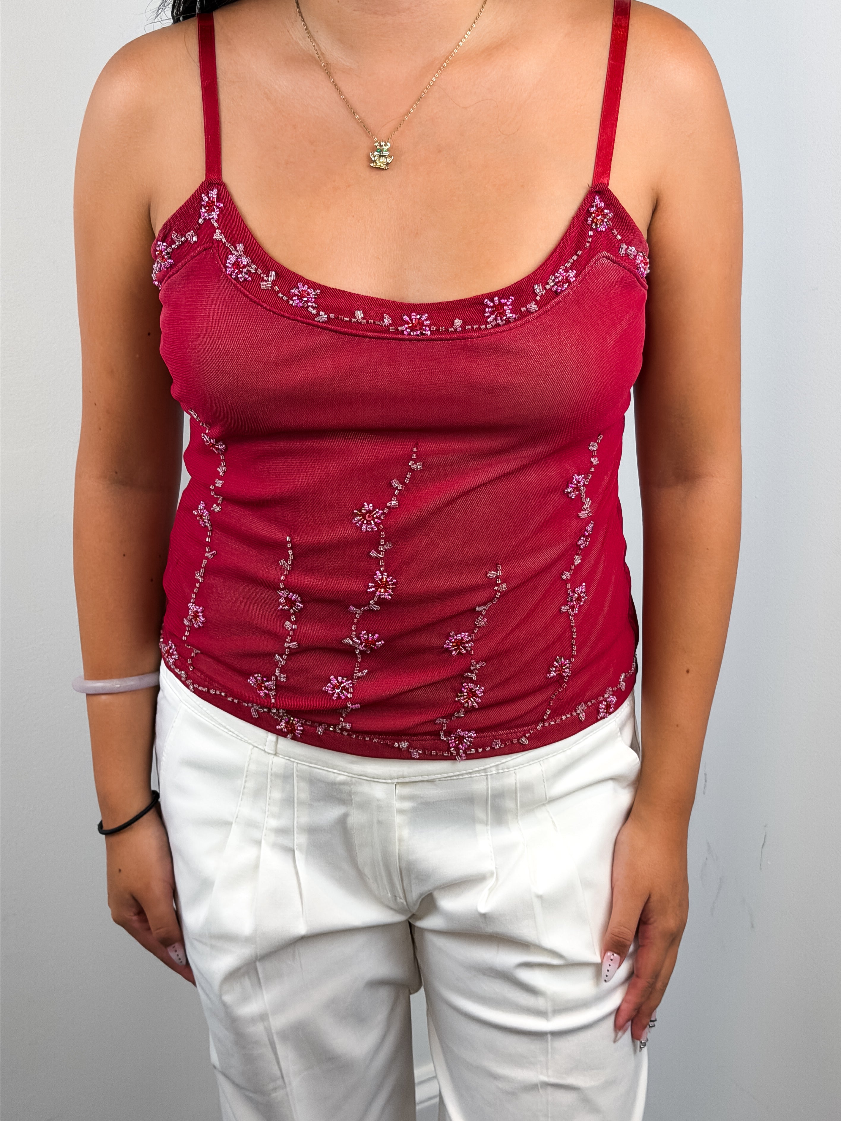 Pinko 2000s Red Beaded Floral Mesh Camisole - S/M