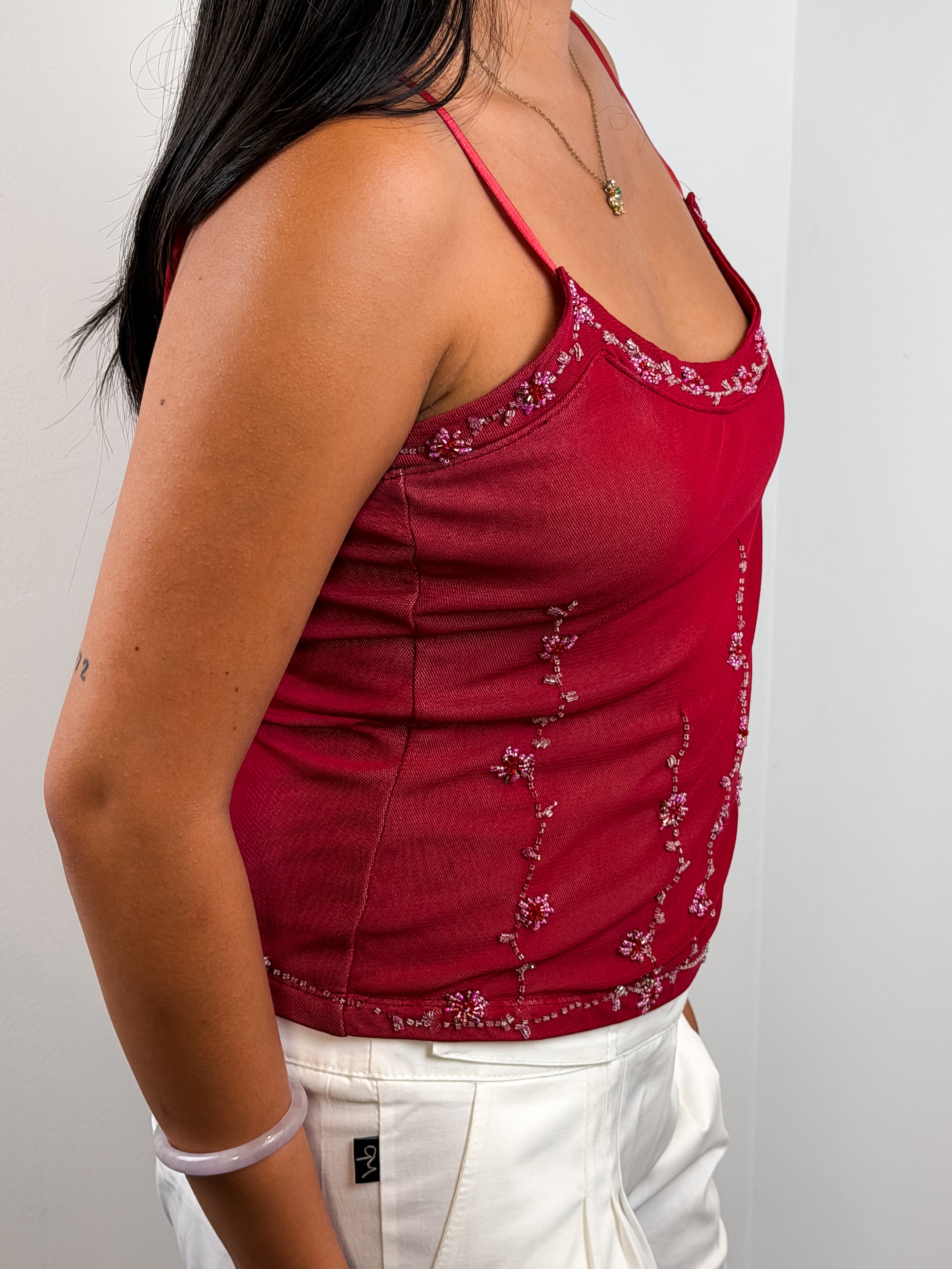 Pinko 2000s Red Beaded Floral Mesh Camisole - S/M