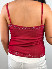 Pinko 2000s Red Beaded Floral Mesh Camisole - S/M