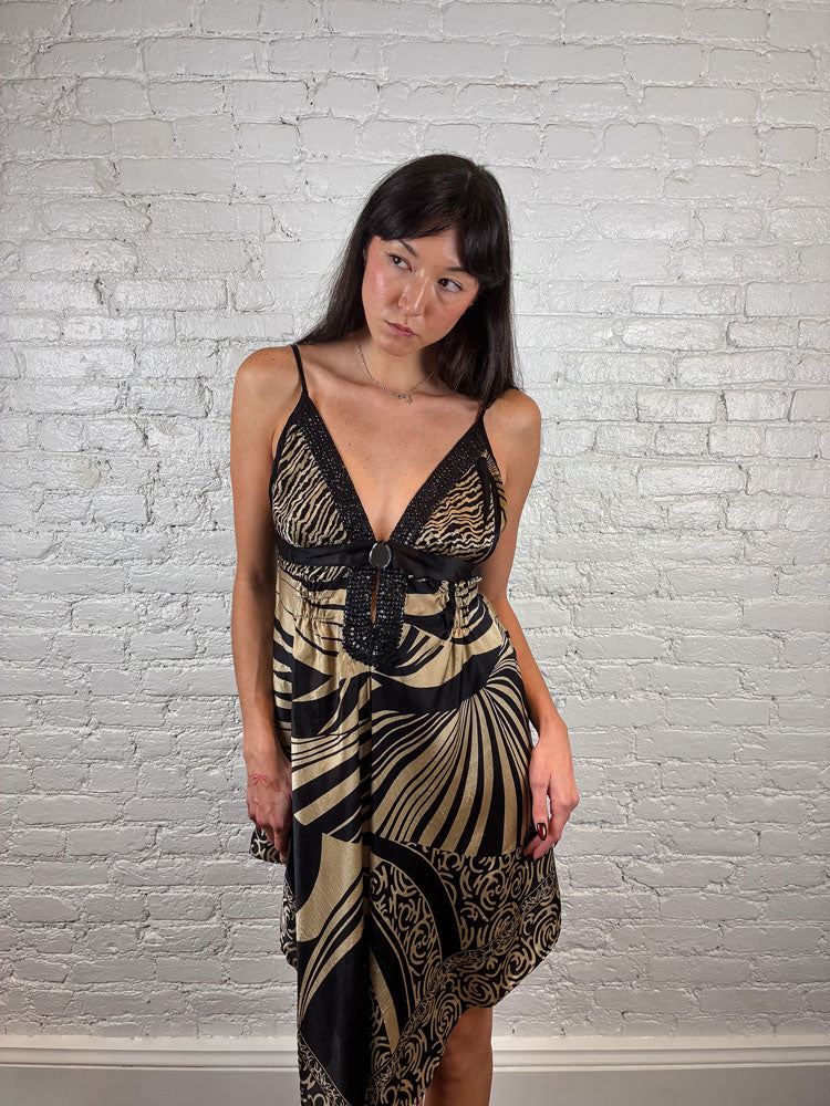 Derhy 2000s Black & Gold Silk Handkerchief Dress with Gem