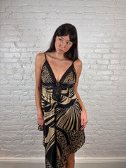 Derhy 2000s Black & Gold Silk Handkerchief Dress with Gem