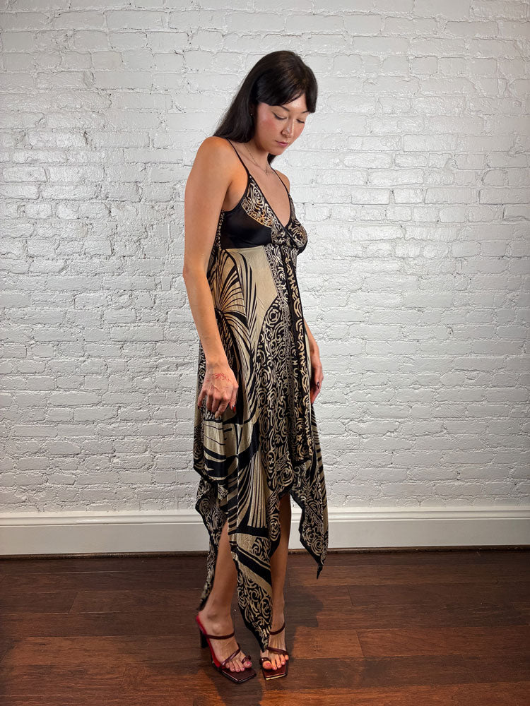 Derhy 2000s Black & Gold Silk Handkerchief Dress