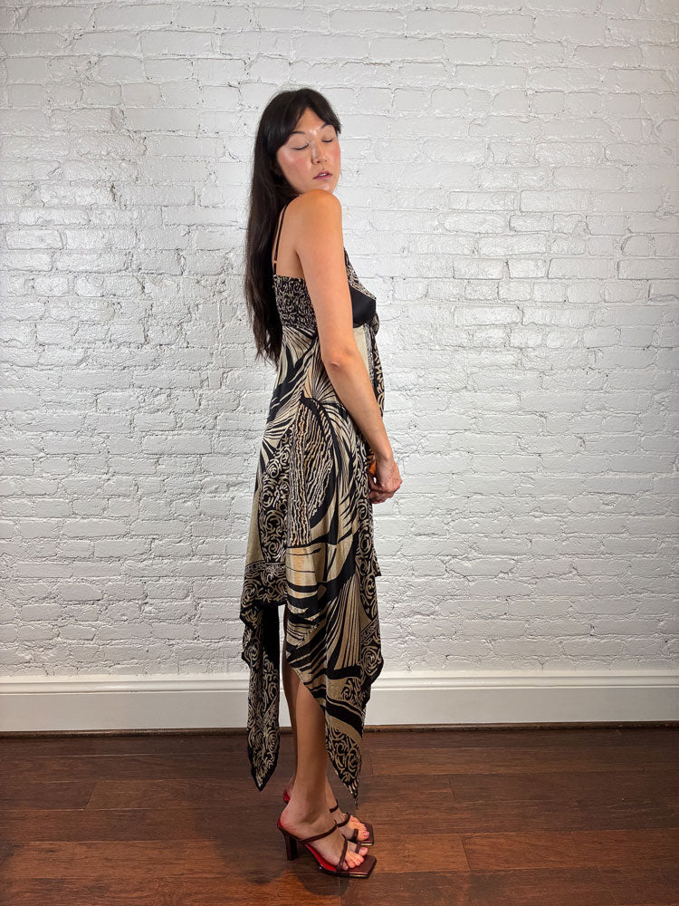 Derhy 2000s Black & Gold Silk Handkerchief Dress