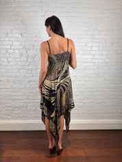 Derhy 2000s Black & Gold Silk Handkerchief Dress