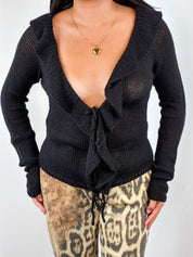 Blumarine 2000s Black Wool Ruffle Collar Tie-Front Cardigan - S/M