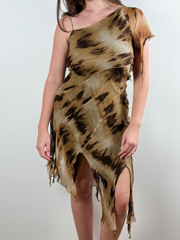2000s Brown Asymmetrical Tie-Dye Maxi Dress