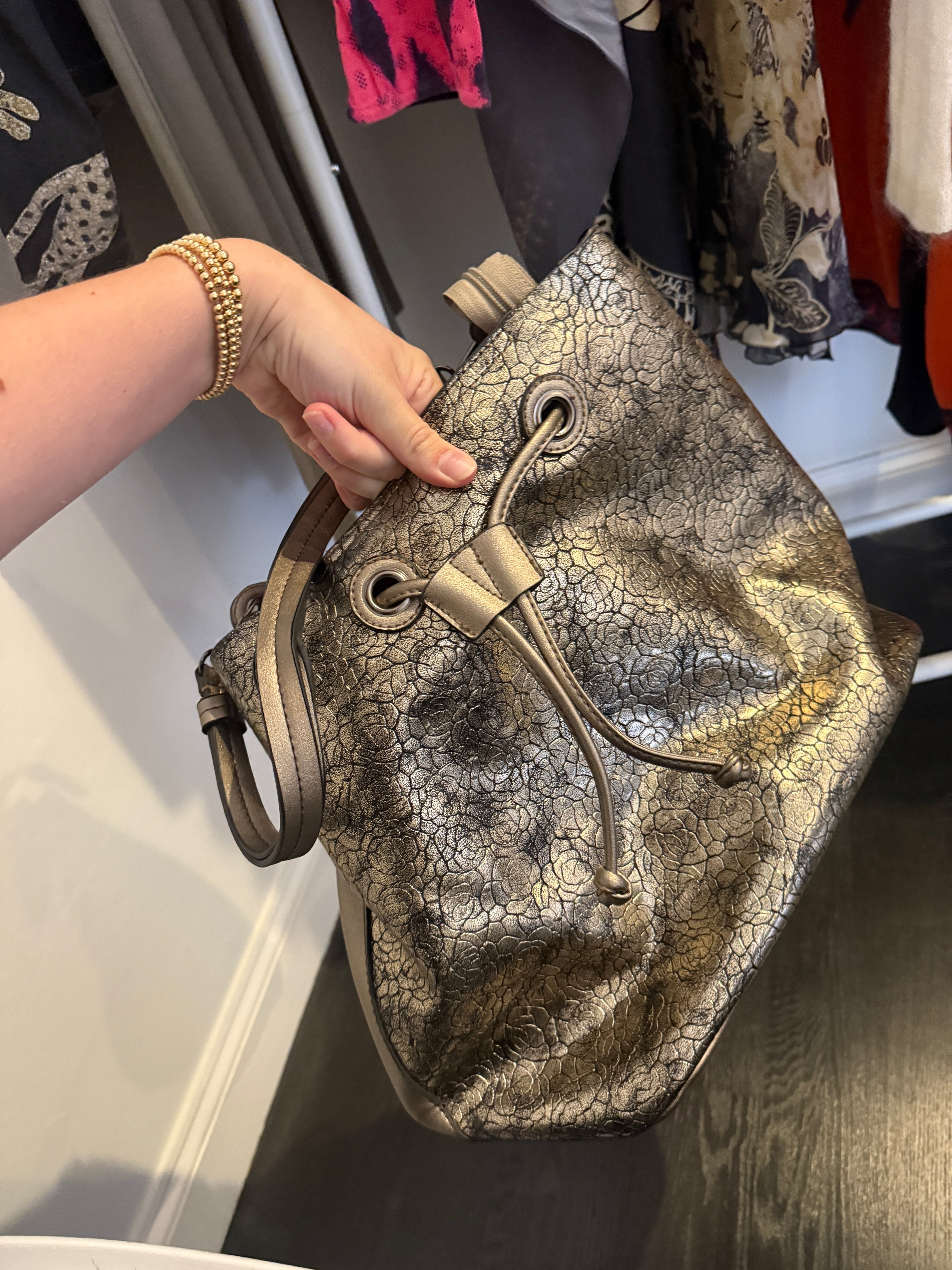 Pierre Cardin Pewter Metallic Drawstring Bucket Bag
