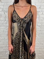 Derhy 2000s Black & Gold Silk Handkerchief Dress