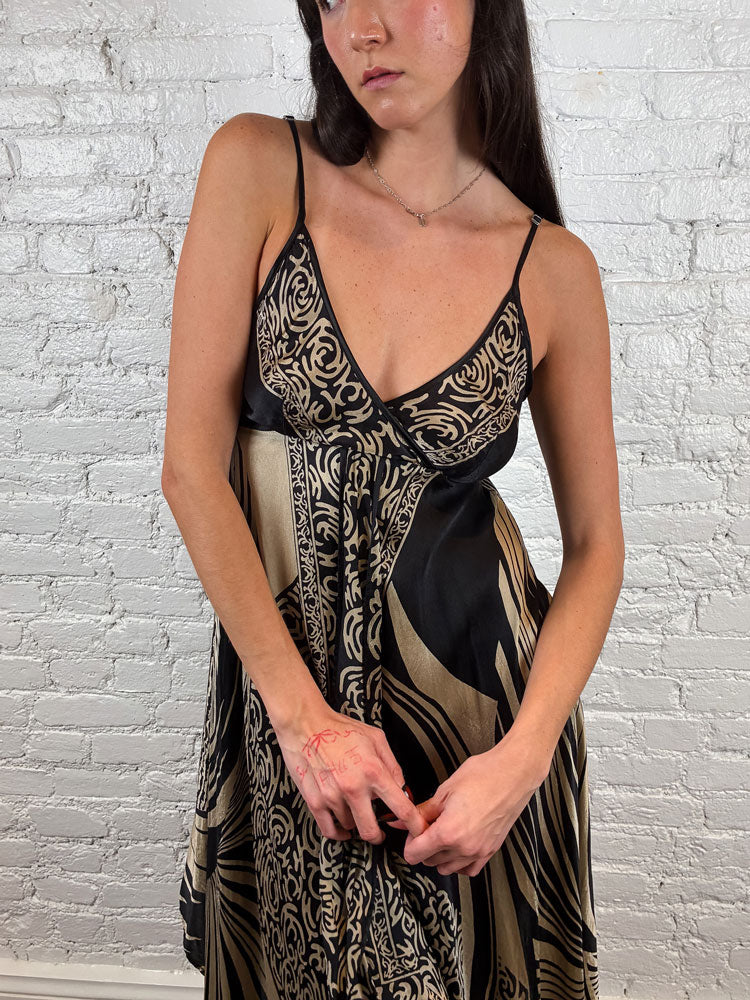 Derhy 2000s Black & Gold Silk Handkerchief Dress