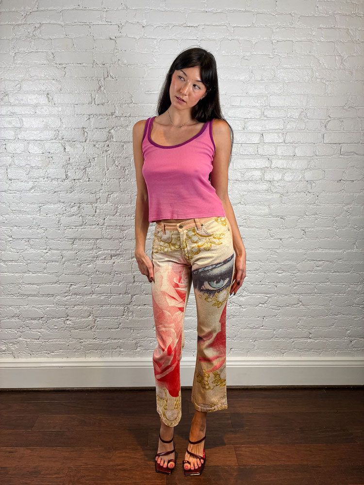 Roberto Cavalli 2001 Eye and Rose Printed Jeans