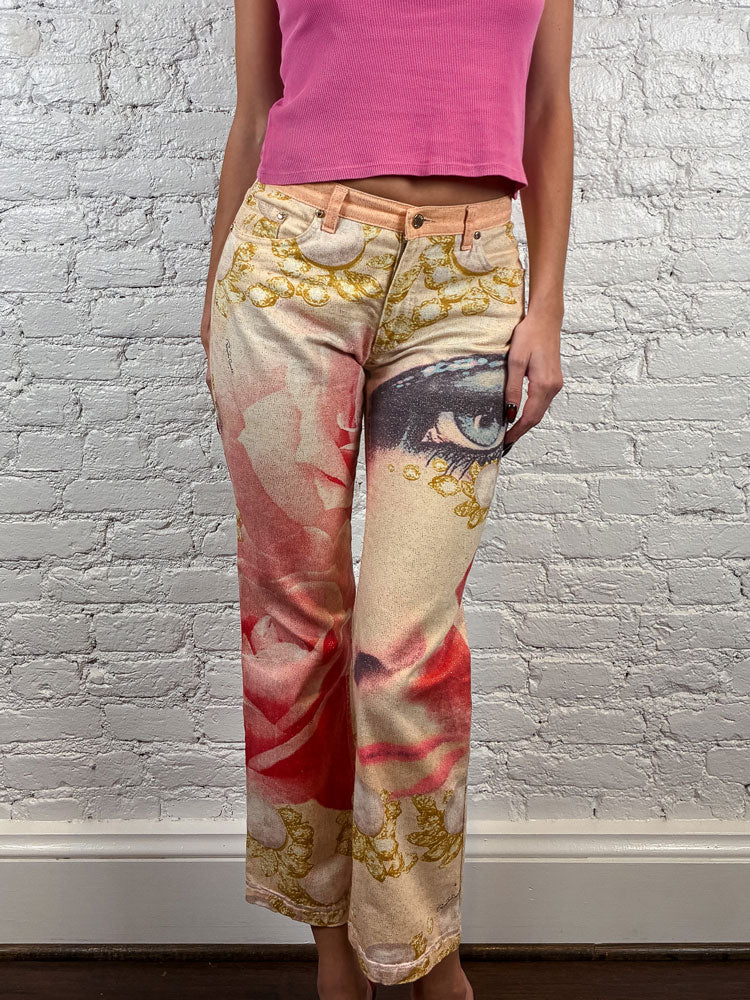 Roberto Cavalli 2001 Eye and Rose Printed Jeans