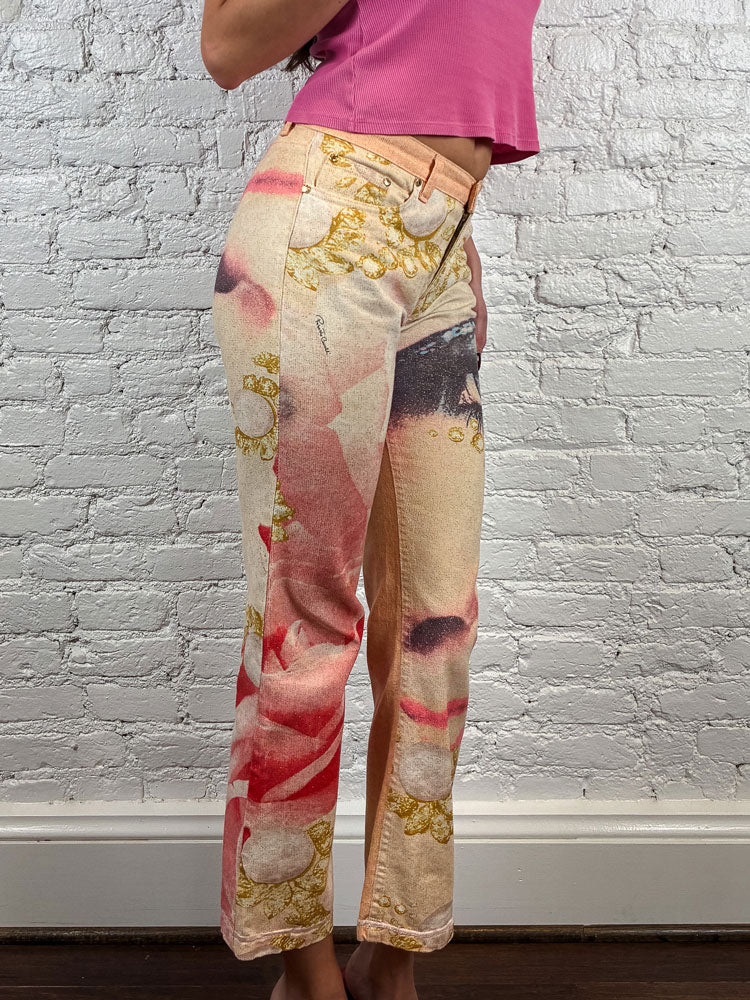 Roberto Cavalli 2001 Eye and Rose Printed Jeans