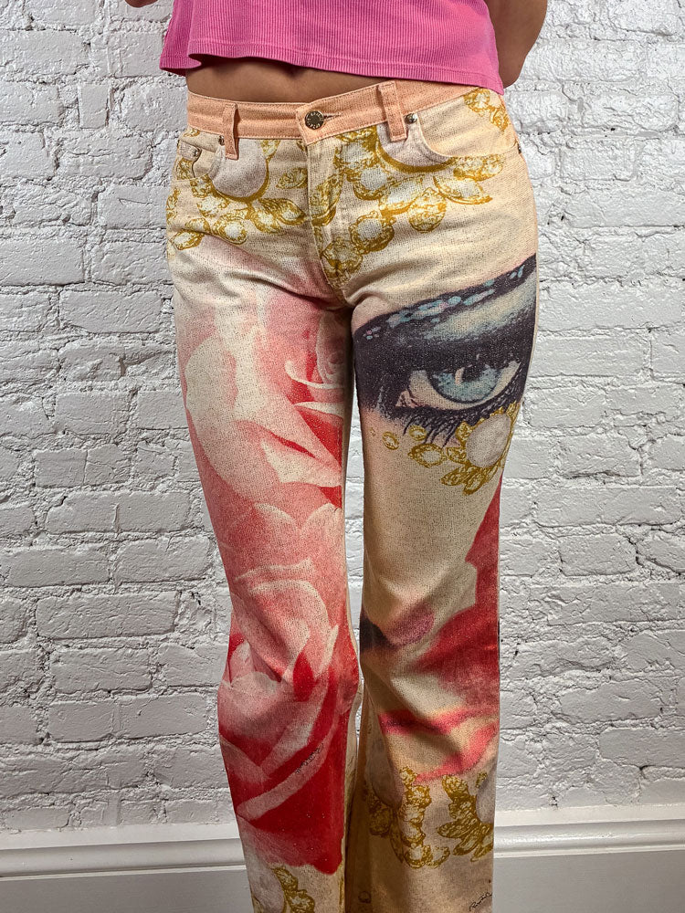 Roberto Cavalli 2001 Eye and Rose Printed Jeans