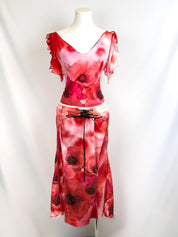 Roberto Cavalli SS 2002 Red Poppy Print Lace-Up Skirt & Ruffle Sleeve Top Set - M/L