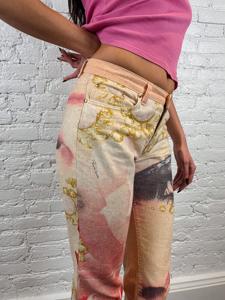 Roberto Cavalli 2001 Eye and Rose Printed Jeans
