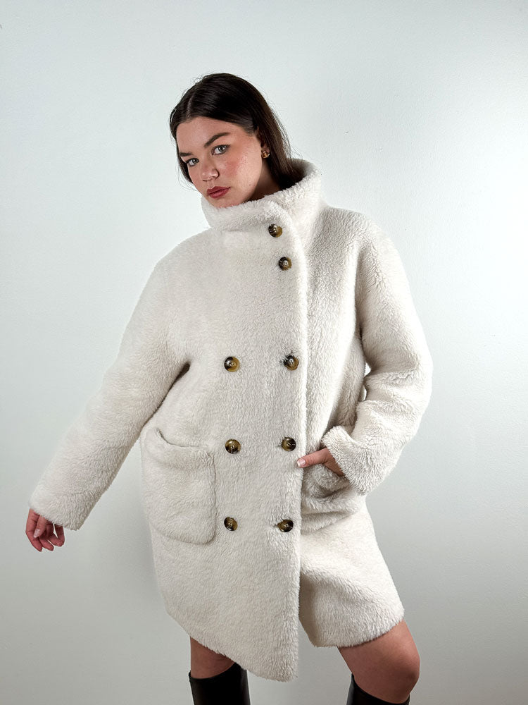 Derhy 2000s White Faux Shearling Double-Breasted Coat