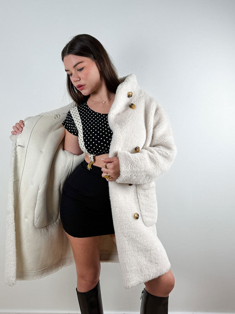 Derhy 2000s White Faux Shearling Double-Breasted Coat