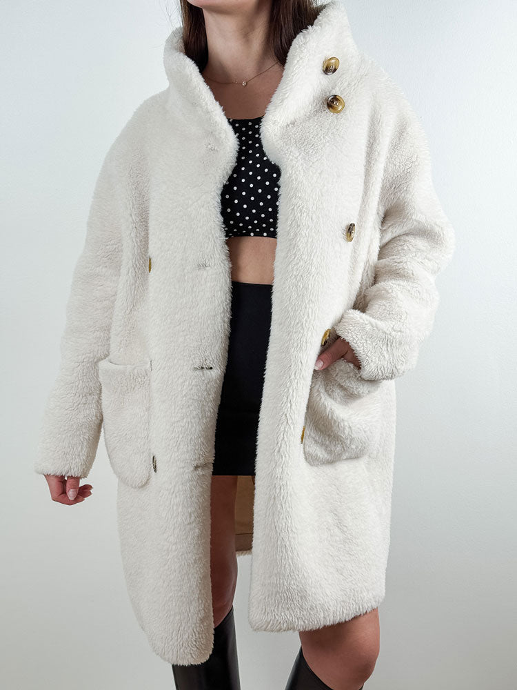 Derhy 2000s White Faux Shearling Double-Breasted Coat