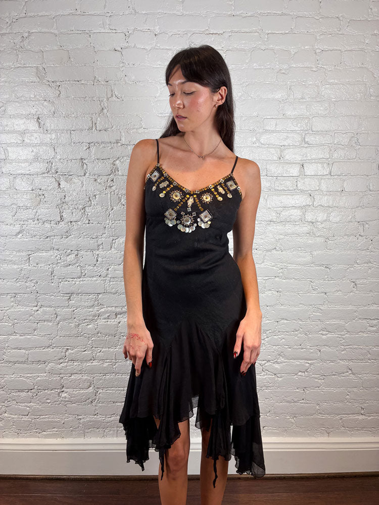 Derhy 2000s Black Embellished Midi Dress