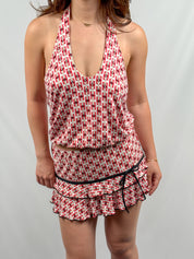 Occhi Verdi by La Perla 2000s red geometric print crystal embellished halter set, modeled