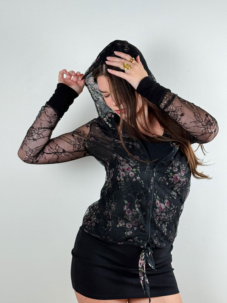 Blumarine Underwear 2000s Black Floral Lace Zip Hoodie