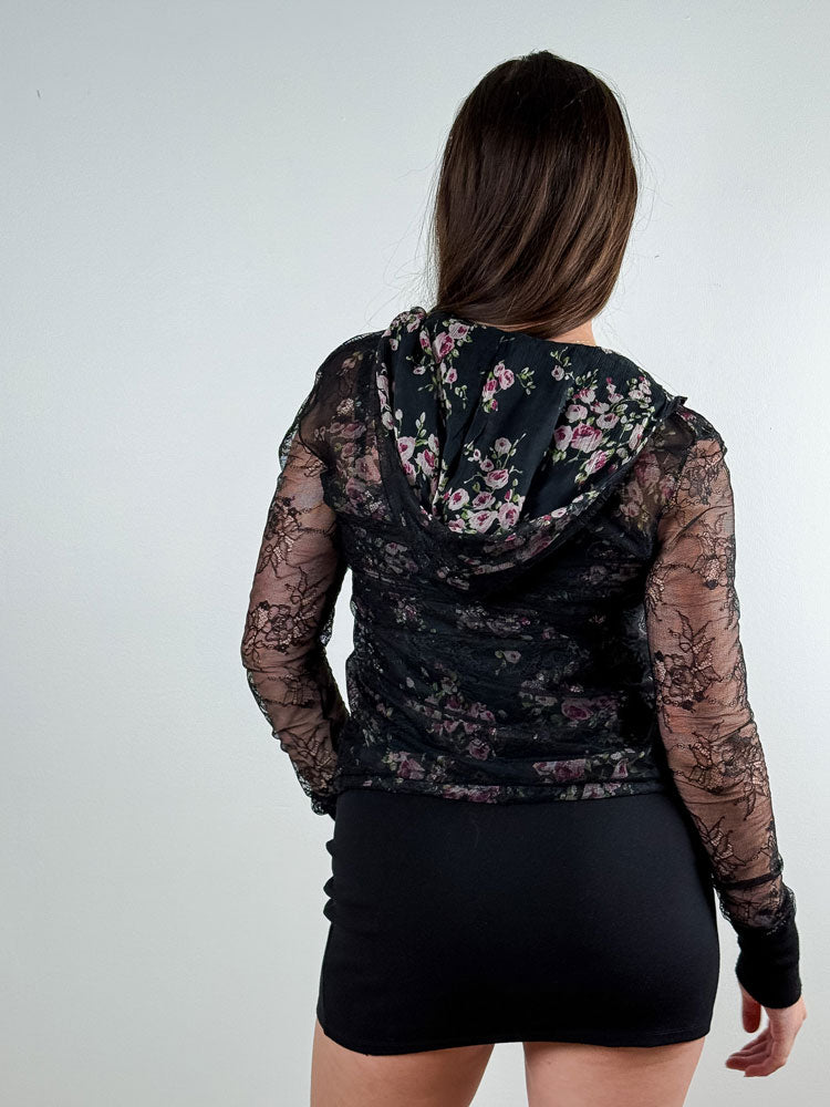 Blumarine Underwear 2000s Black Floral Lace Zip Hoodie
