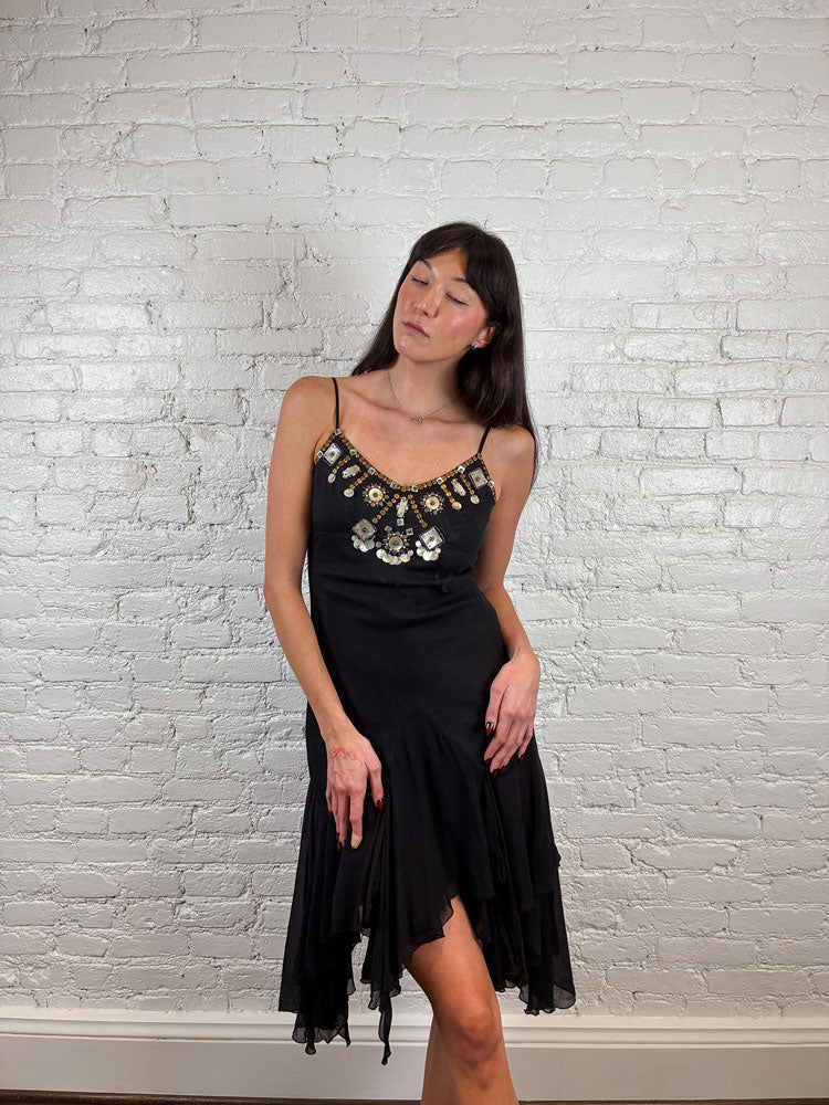 Derhy 2000s Black Embellished Midi Dress