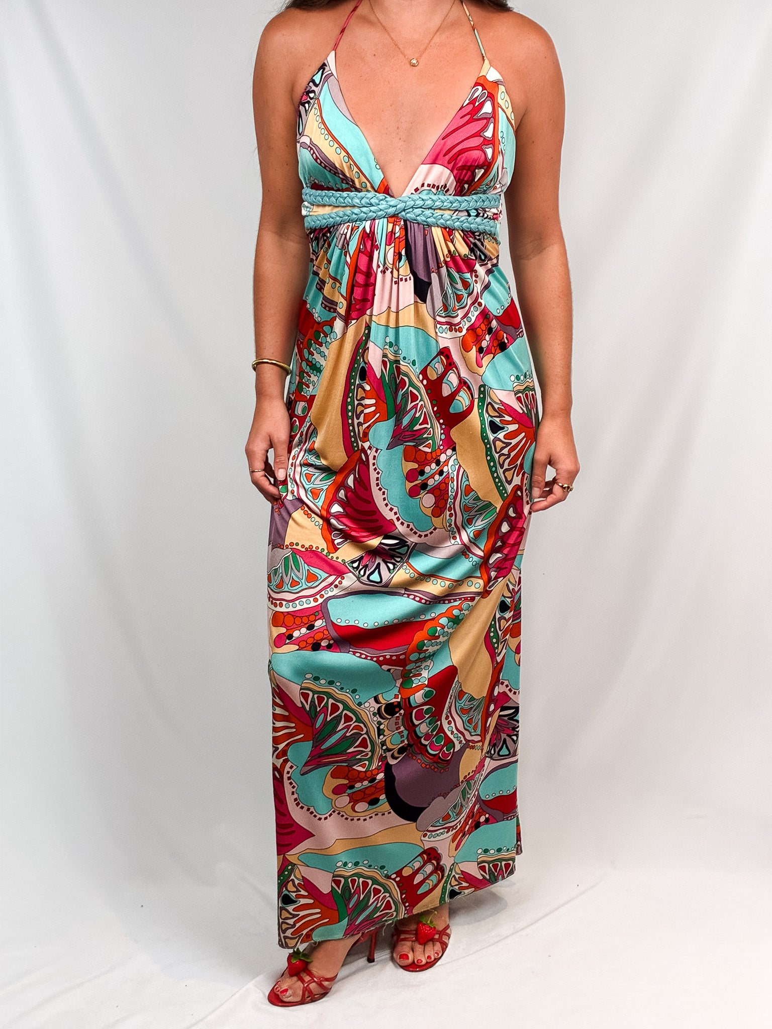 2000s Multicolor Abstract Print Halter Maxi Dress - S