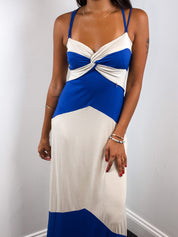 Rinascimento 2000s Blue Cream Color Block Open Back Maxi Dress - XS/S