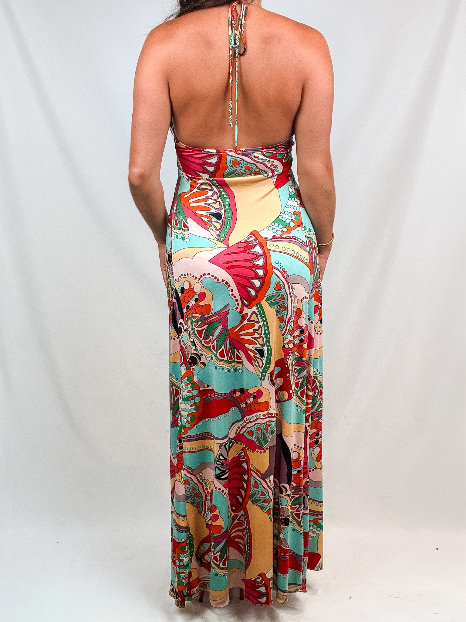 2000s Multicolor Abstract Print Halter Maxi Dress - S