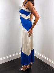 Rinascimento 2000s Blue Cream Color Block Open Back Maxi Dress - XS/S