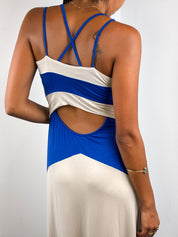 Rinascimento 2000s Blue Cream Color Block Open Back Maxi Dress - XS/S