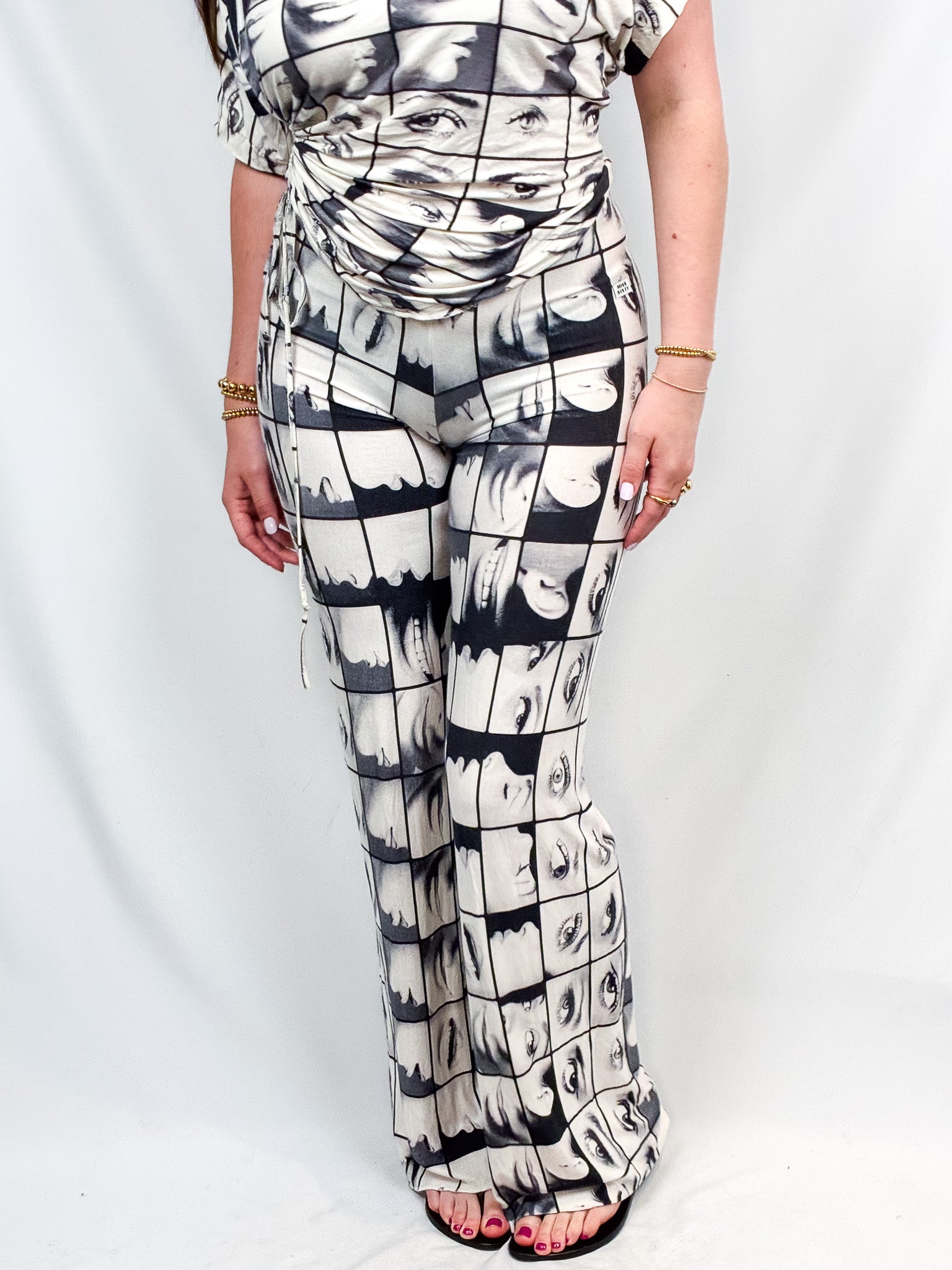 Miss Sixty 2000s Black & White Face Print Top & Flare Pants Set - S/M