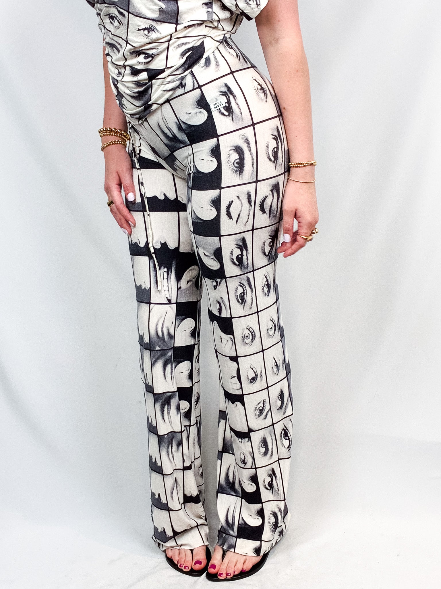 Miss Sixty 2000s Black & White Face Print Top & Flare Pants Set - S/M