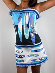 Emilio Pucci 2000s Blue Abstract Print Pleated Trim Mini Dress - XS