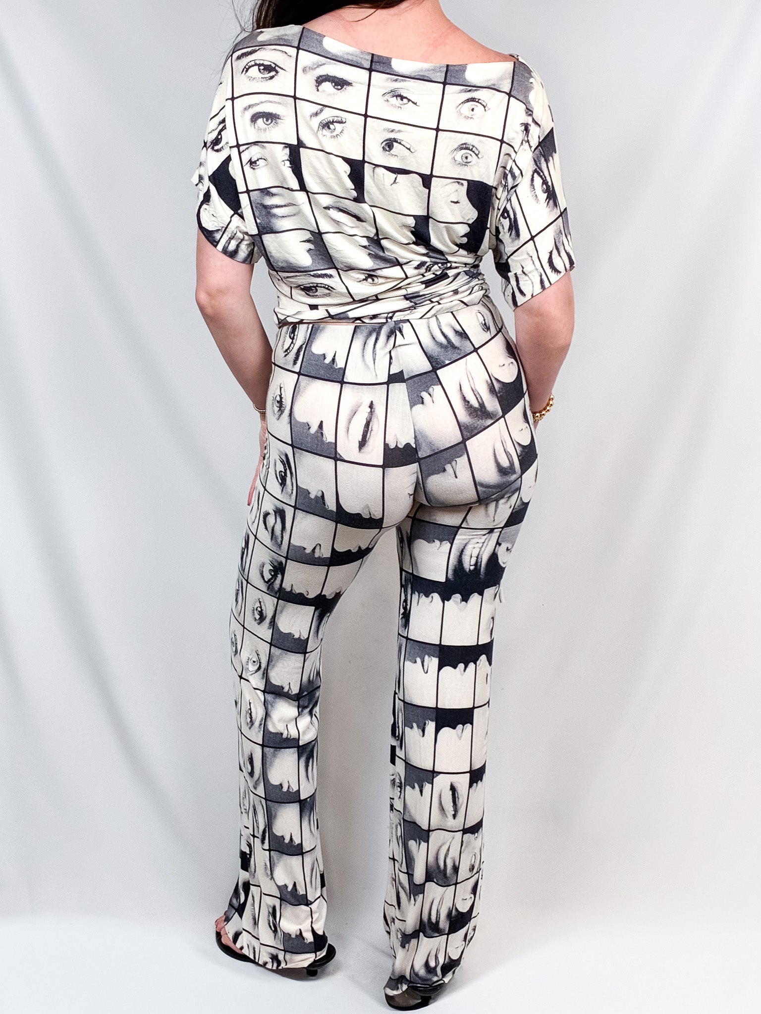 Miss Sixty 2000s Black & White Face Print Top & Flare Pants Set - S/M