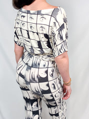 Miss Sixty 2000s Black & White Face Print Top & Flare Pants Set - S/M